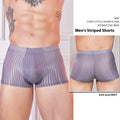 Men's striped nylon underwear briefs in black, dark grey, and white colours