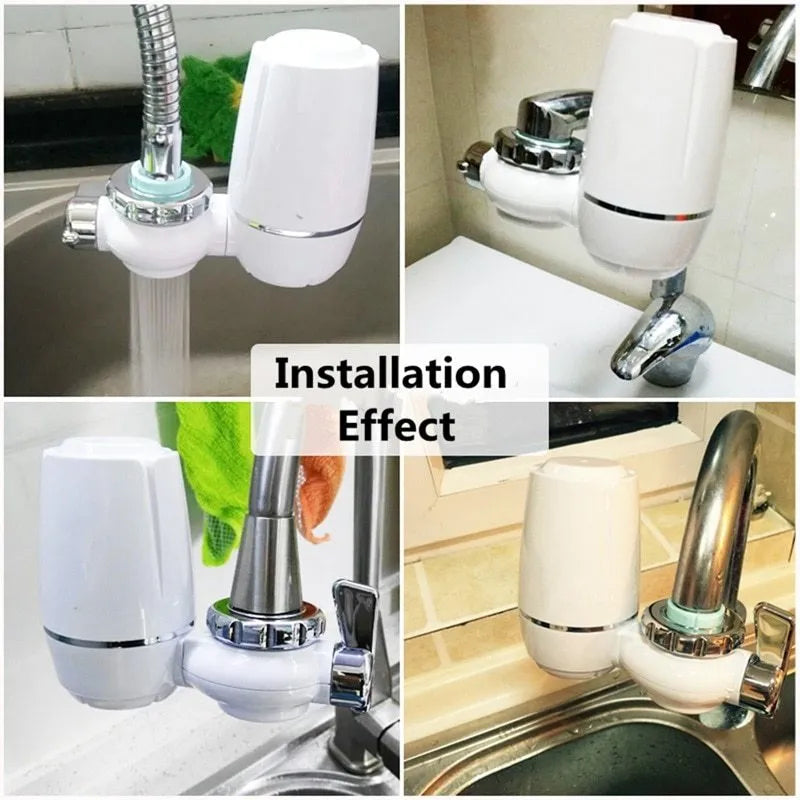 White plastic faucet water filter with ceramic cartridge and set of tap thread adapters
