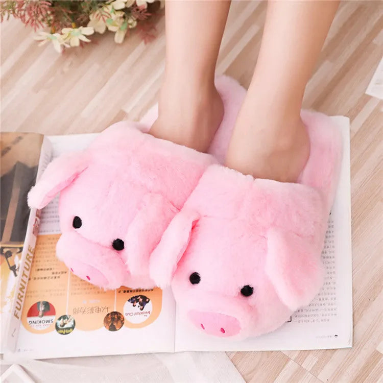Pink women's pig floor slippers with PP cotton filling and short plush fabric