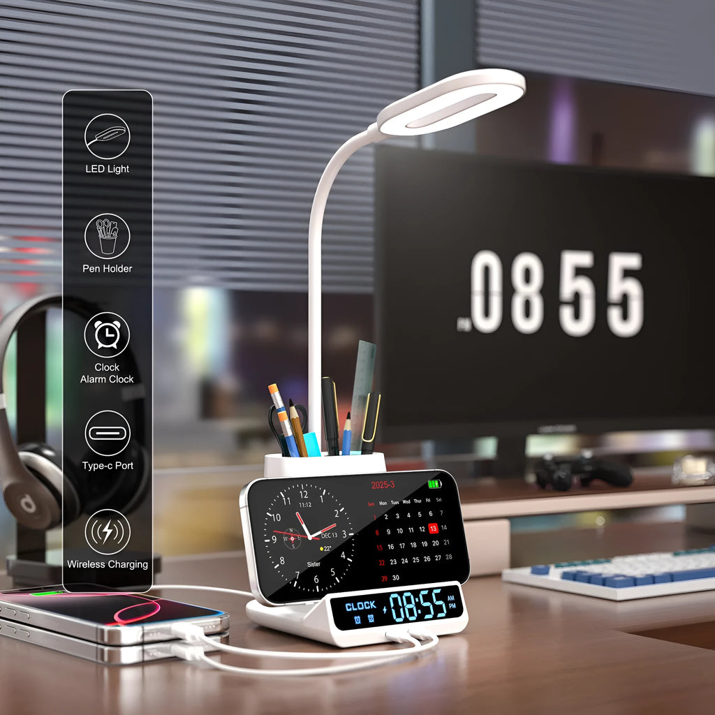 Modern wireless charging desk lamp with pen holder and storage compartment in black or white