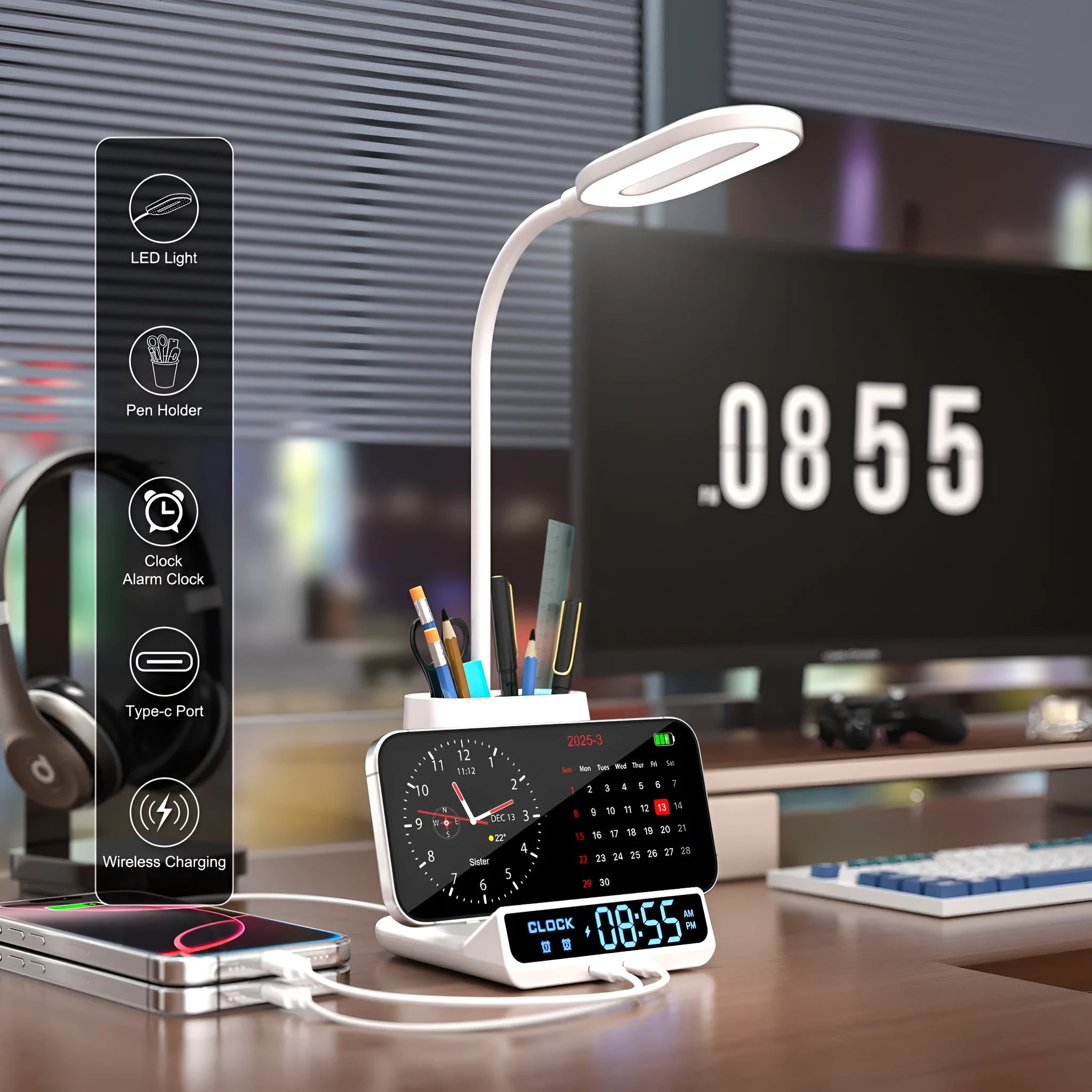 Modern wireless charging desk lamp with pen holder and storage compartment in black or white