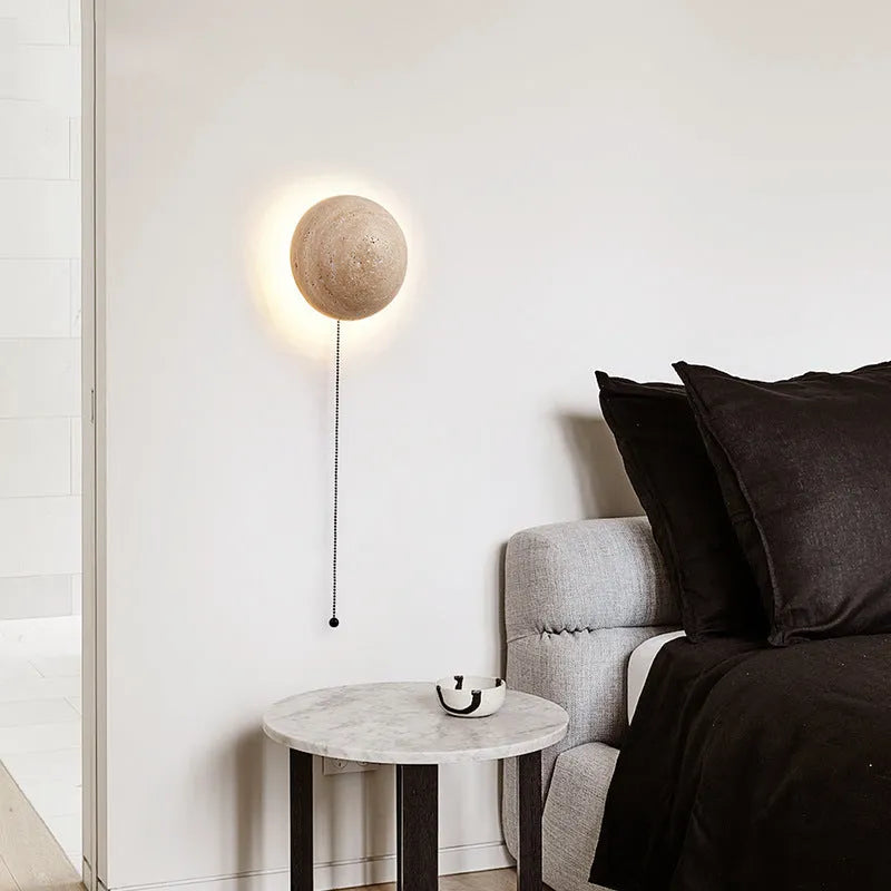 Vintage semicircle wall lamp with yellow cave stone shade and iron construction, 15cm diameter with pull switch