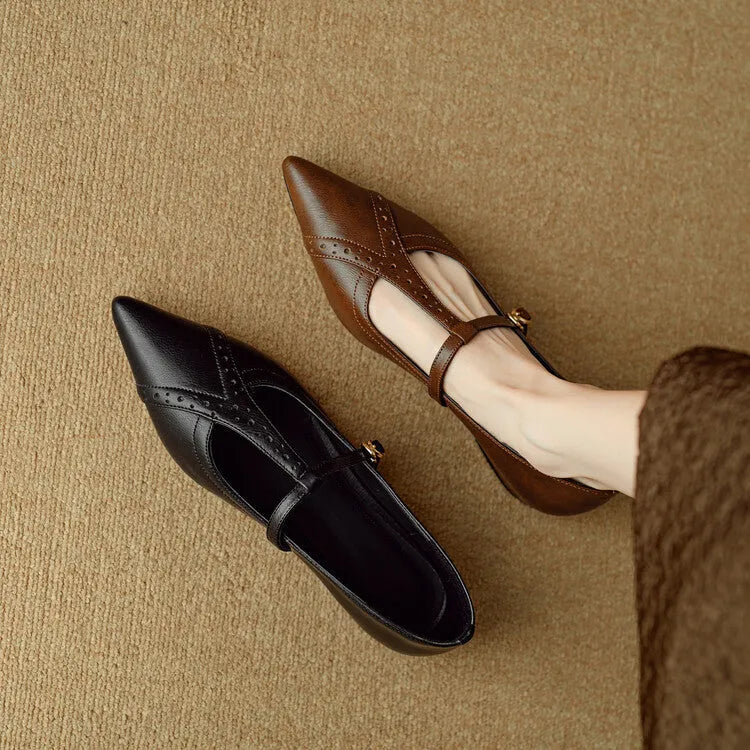 Brown women's cowhide leather casual flat shoes with round toe and low-cut design.