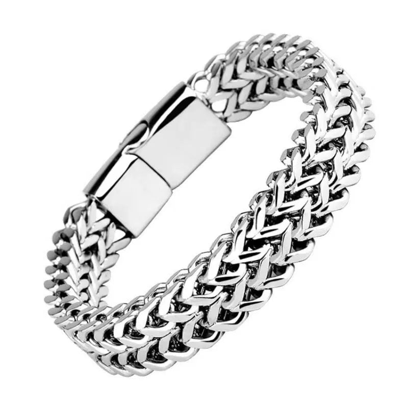 Silver titanium steel men's bracelet with geometric links on a wrist