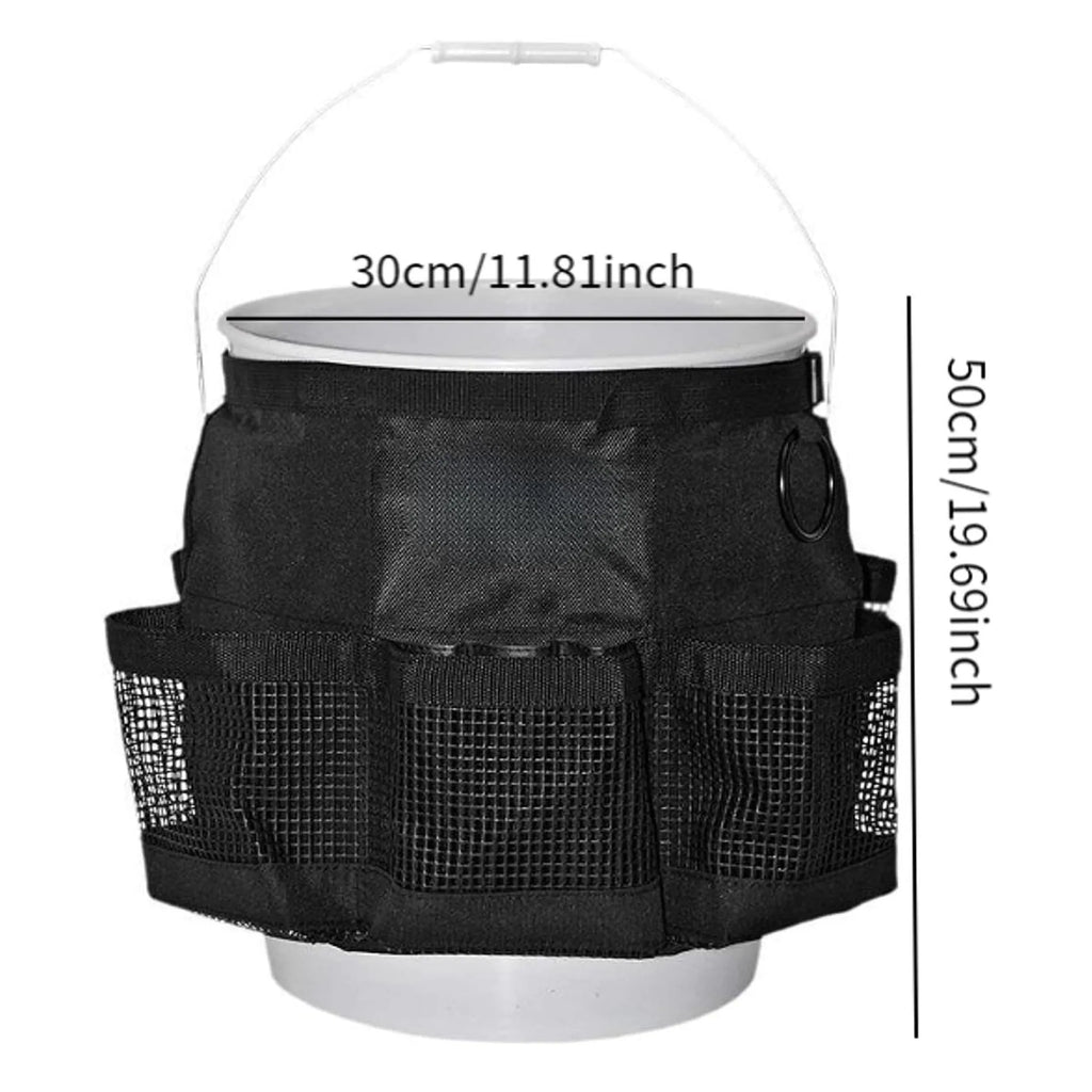 Black cylindrical polyester storage bag hanging from buggy attachment, compatible with 5 gallon barrel