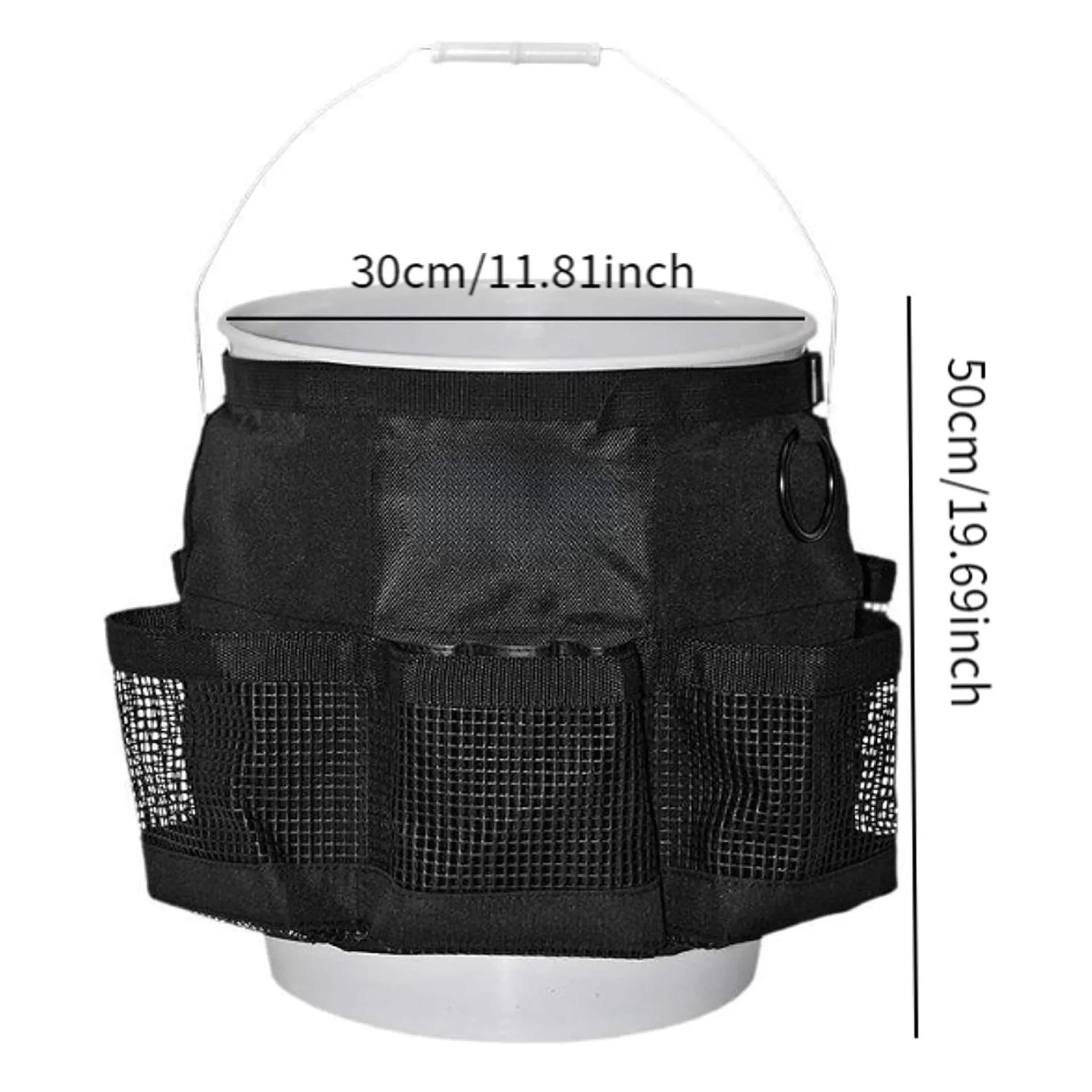 Black cylindrical polyester storage bag hanging from buggy attachment, compatible with 5 gallon barrel