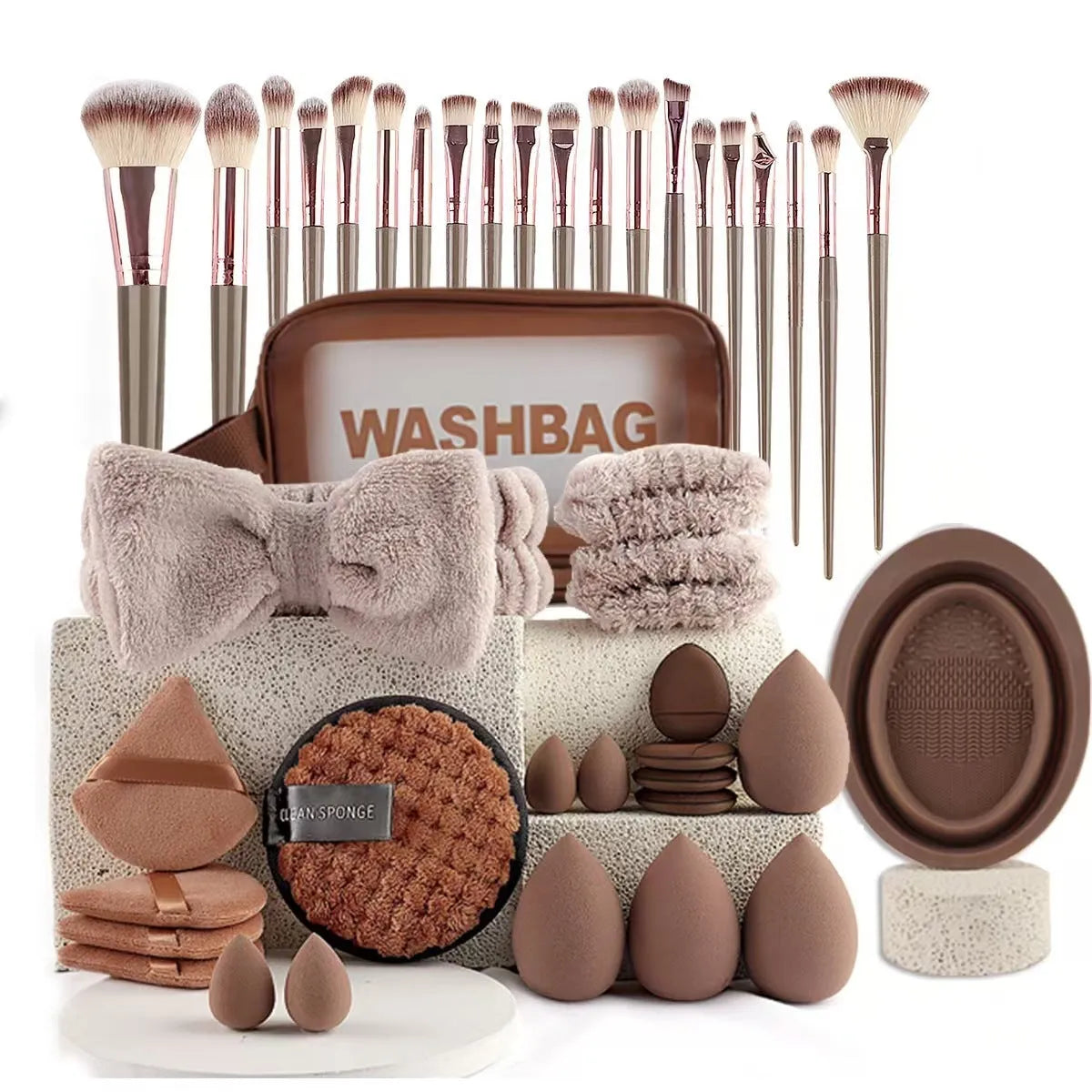 Hydrophilic non-latex beauty tools combination suit with multiple pieces for face wash and makeup application