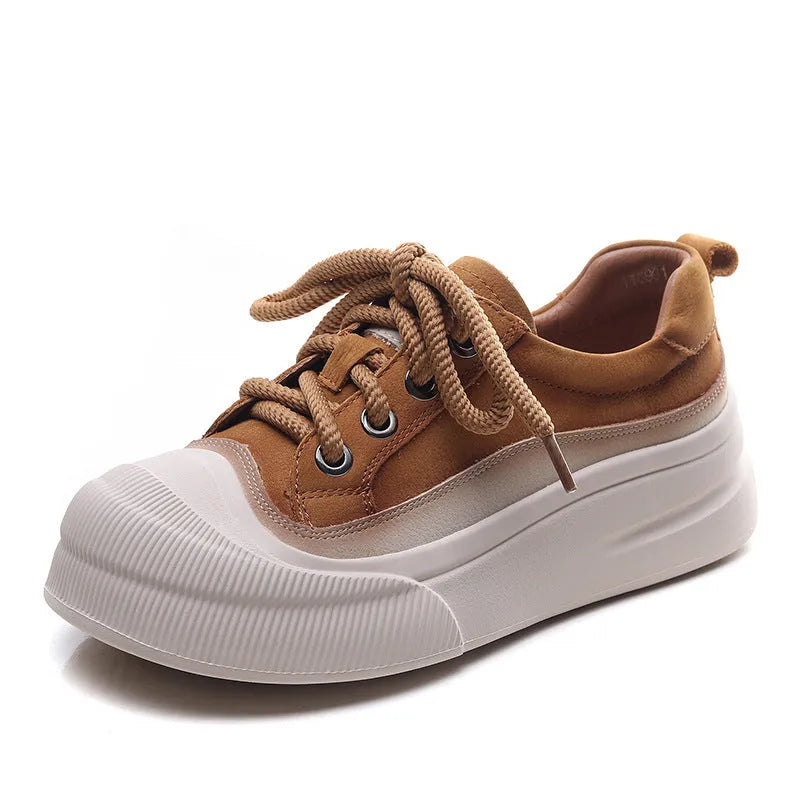 Women's full grain cow leather lace-up casual shoes in yellow and cameo brown with round toe design