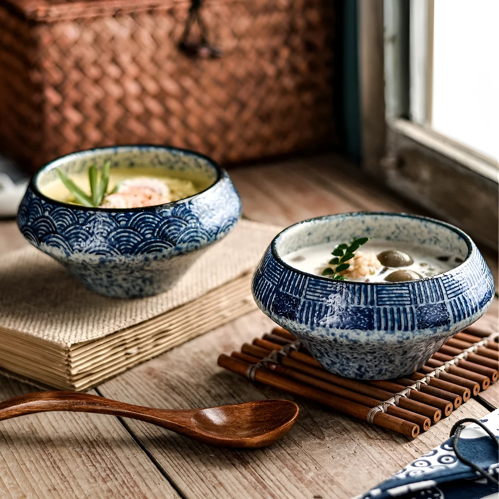 Japanese ceramic tall noodle bowl with traditional underglaze pattern, 15cm height