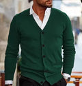 Men's slim fit acrylic cardigan sweater in dark grey, shown on a model.