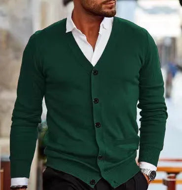 Men's slim fit acrylic cardigan sweater in dark grey, shown on a model.
