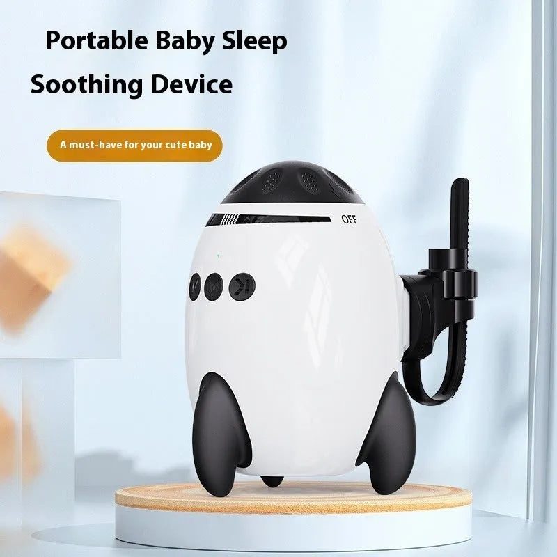 White ABS baby sleep comforter with automatic shaking and Bluetooth connectivity measuring 12x9.3x8cm