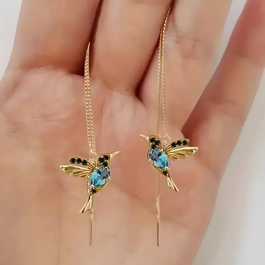 Bird hanging earrings with mixed zirconium wings in blue and red alloy drop style