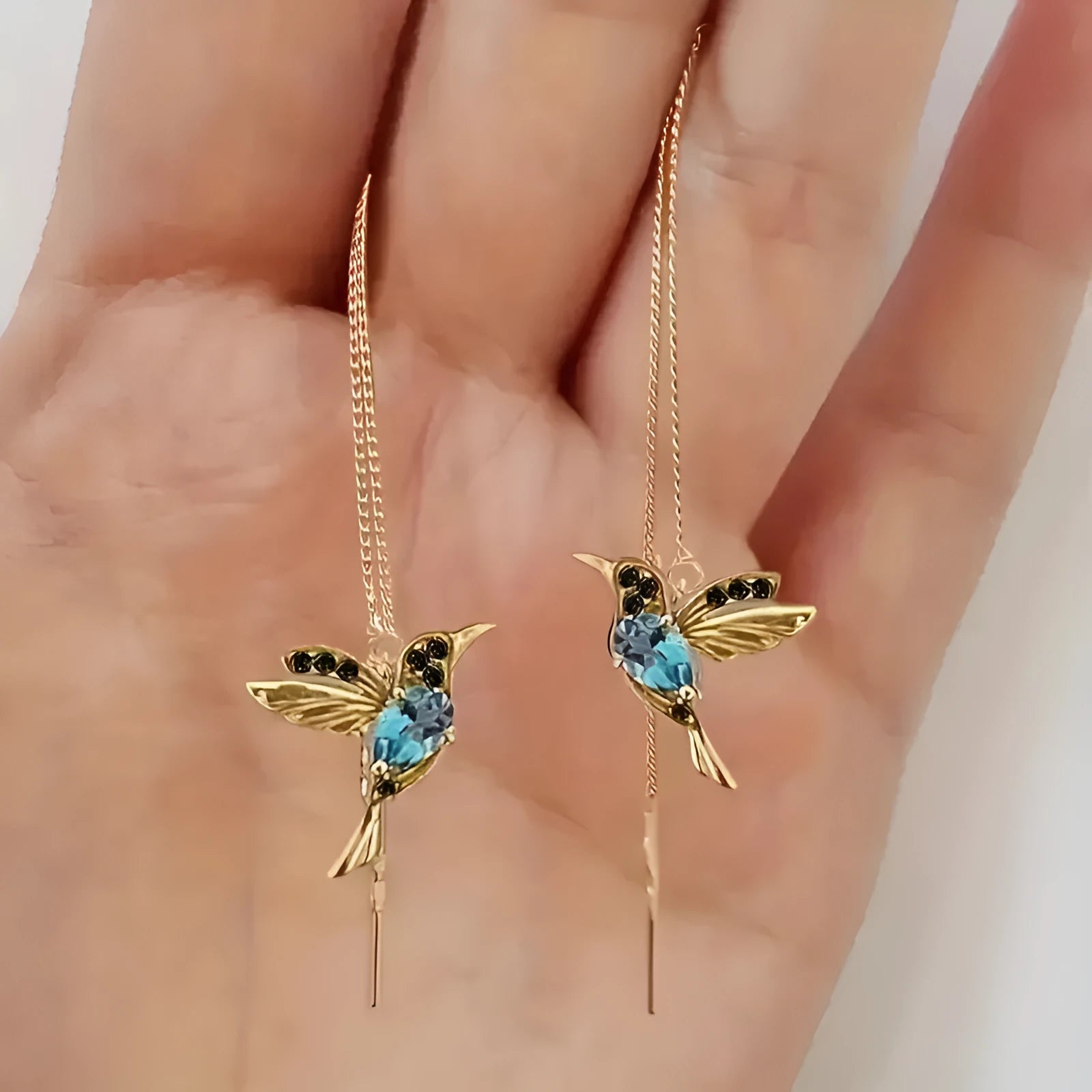 Bird hanging earrings with mixed zirconium wings in blue and red alloy drop style