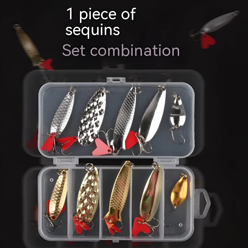 Gold and silver metal pineapple sequins for fishing lures, packaged in sets of 11, 21, or 36 pieces.