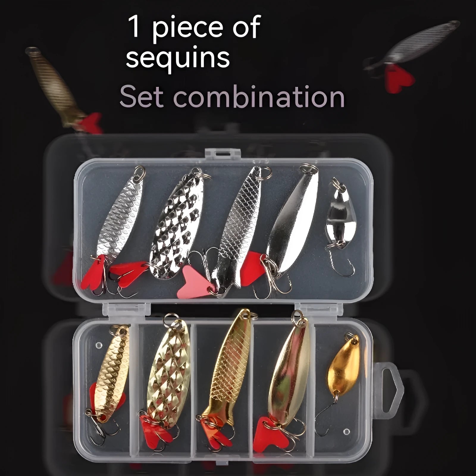 Gold and silver metal pineapple sequins for fishing lures, packaged in sets of 11, 21, or 36 pieces.