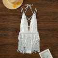 White deep V-neck one-piece swimsuit with detachable tassel decoration and briefs style bottom