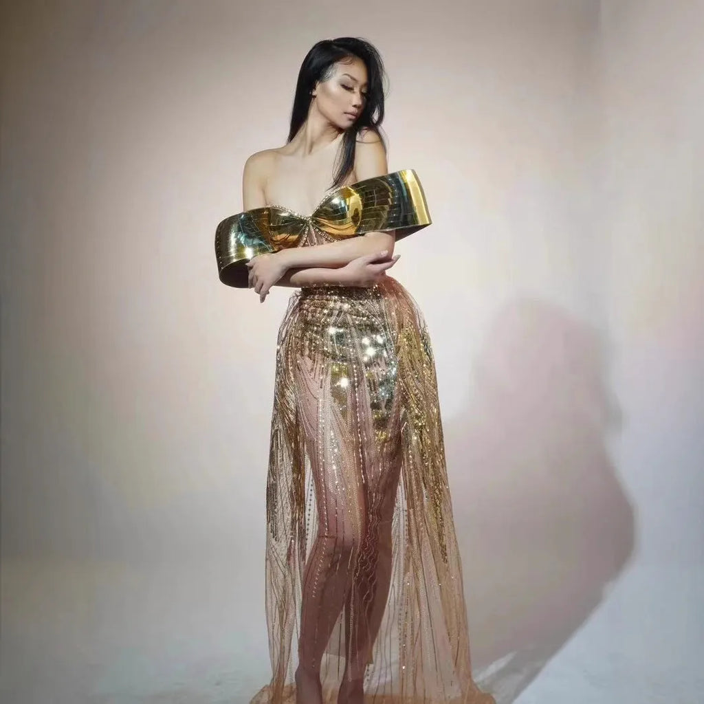 Gold sequined strapless evening dress with side split skirt for women's formal events