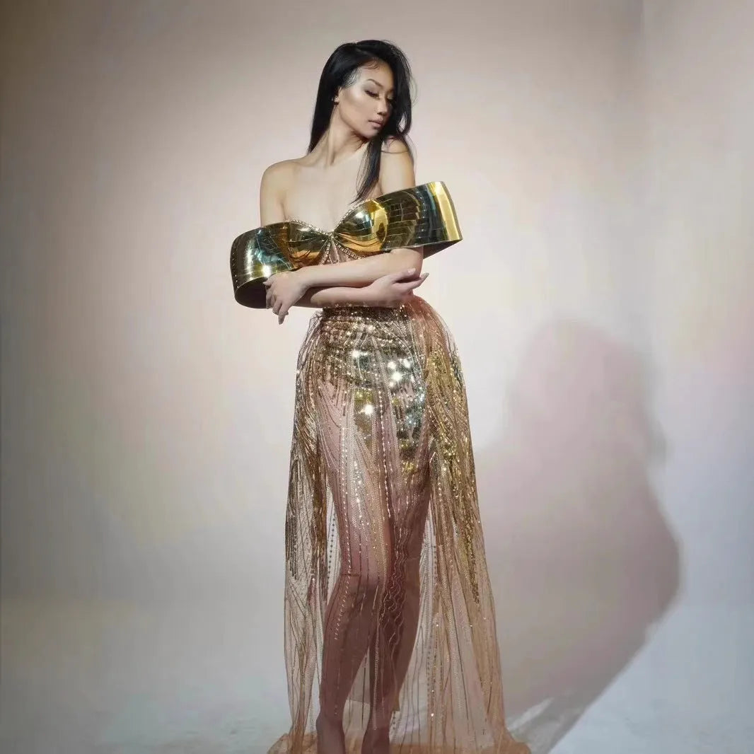 Gold sequined strapless evening dress with side split skirt for women's formal events