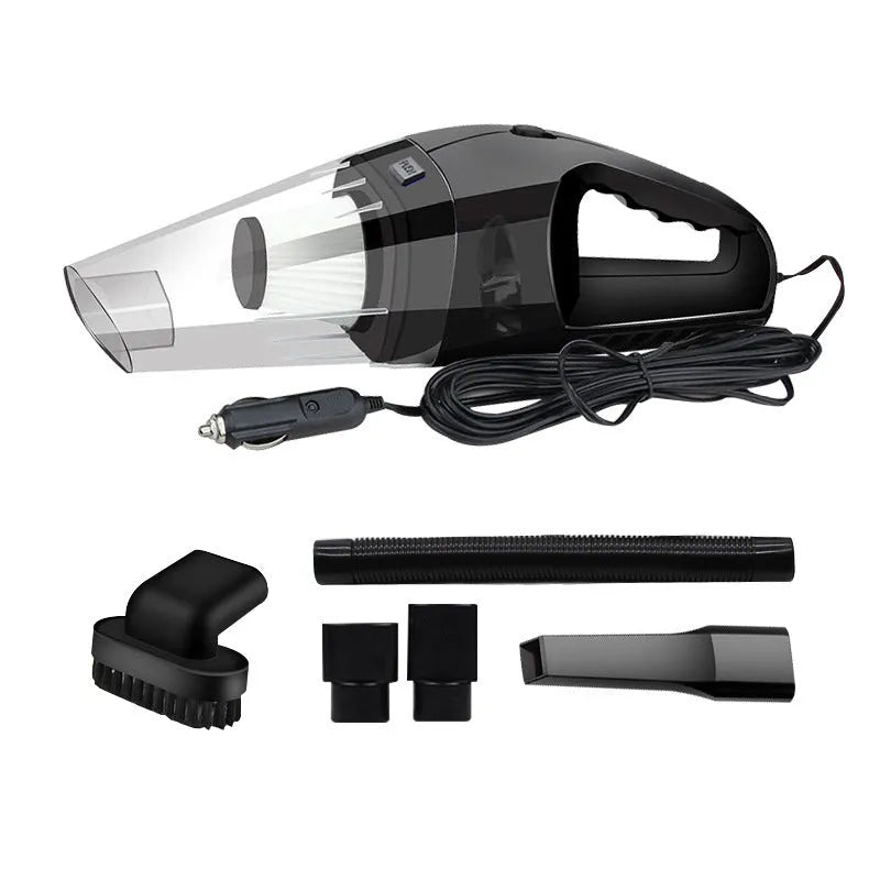 Orange, black, and blue coloured 12V portable handheld car vacuum cleaner with nozzles.
