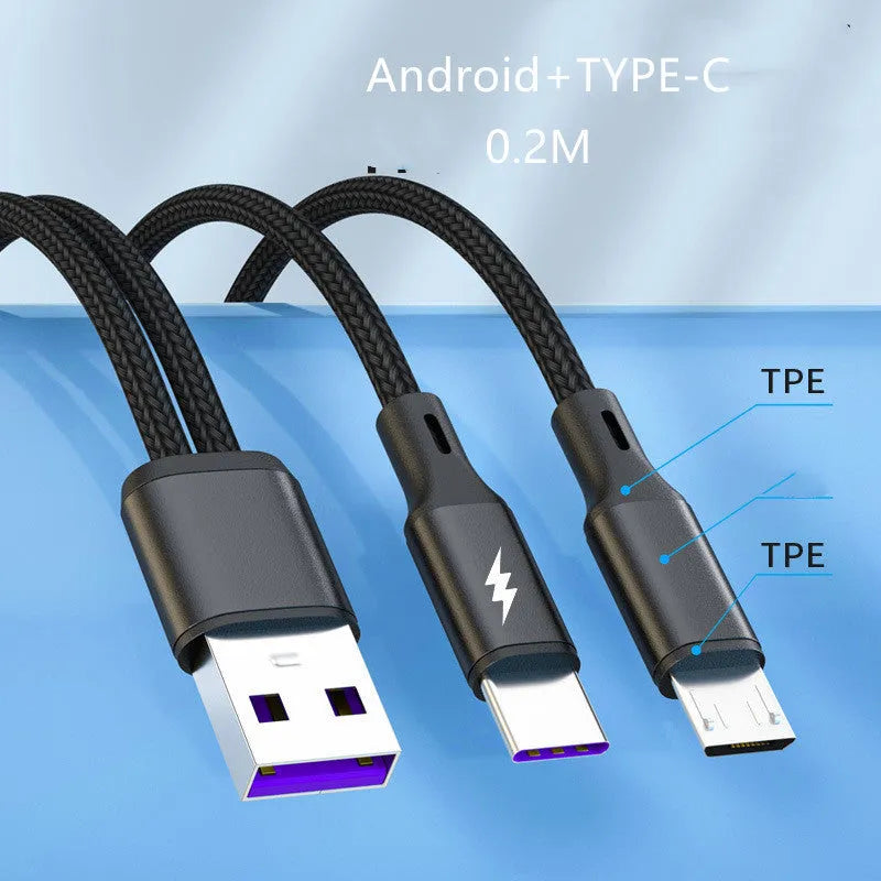 Braided dual-head Android fast charging cable with black or red options in 0.2m and 1.2m lengths