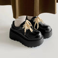 Matte black women's lace-up platform heels with chunky 6-8cm sole and round toe.