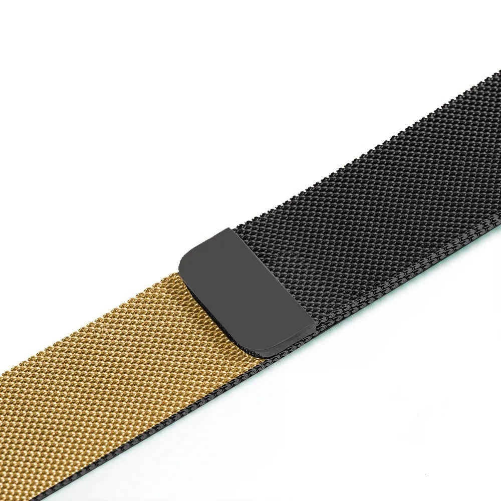Stainless steel Apple Watch replacement strap in silver, showing metal links and clasp for 38mm-44mm models.