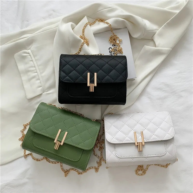 Women's minimalist crossbody bag with diamond lattice chain detail in black, white or green