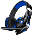 Wired gaming headset with microphone and RGB breathing lights in blue, pink, red, and white colour options.