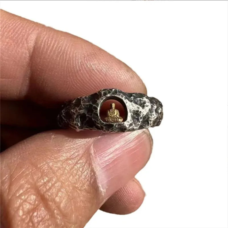 Copper grotto Buddha ring with rock texture surface, size 8 hand-forged jewellery