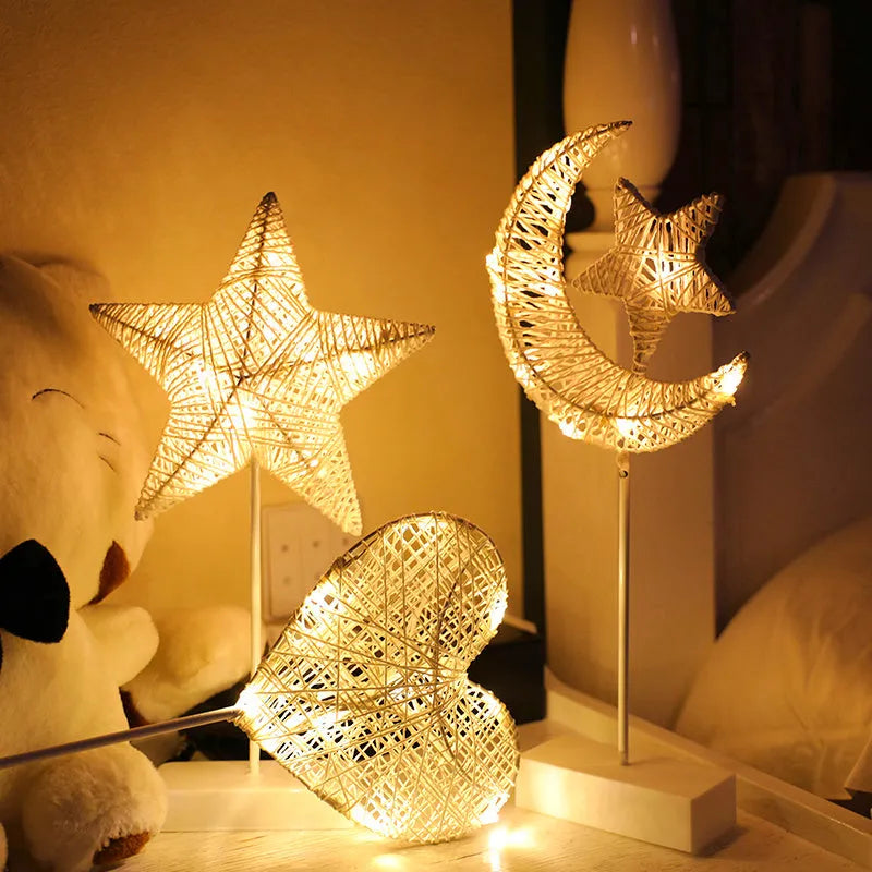 Rattan LED table lamp in star, heart, or moon shape with copper wire framework for bedroom decoration