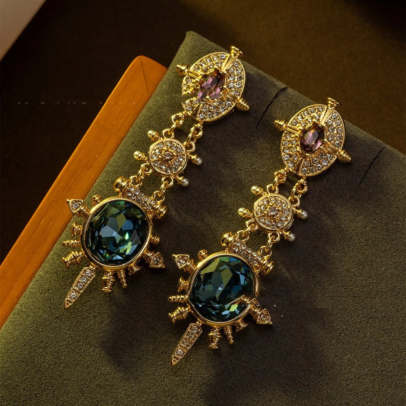 Gold geometric retro stud earrings with round design elements and diamond-treated alloy construction