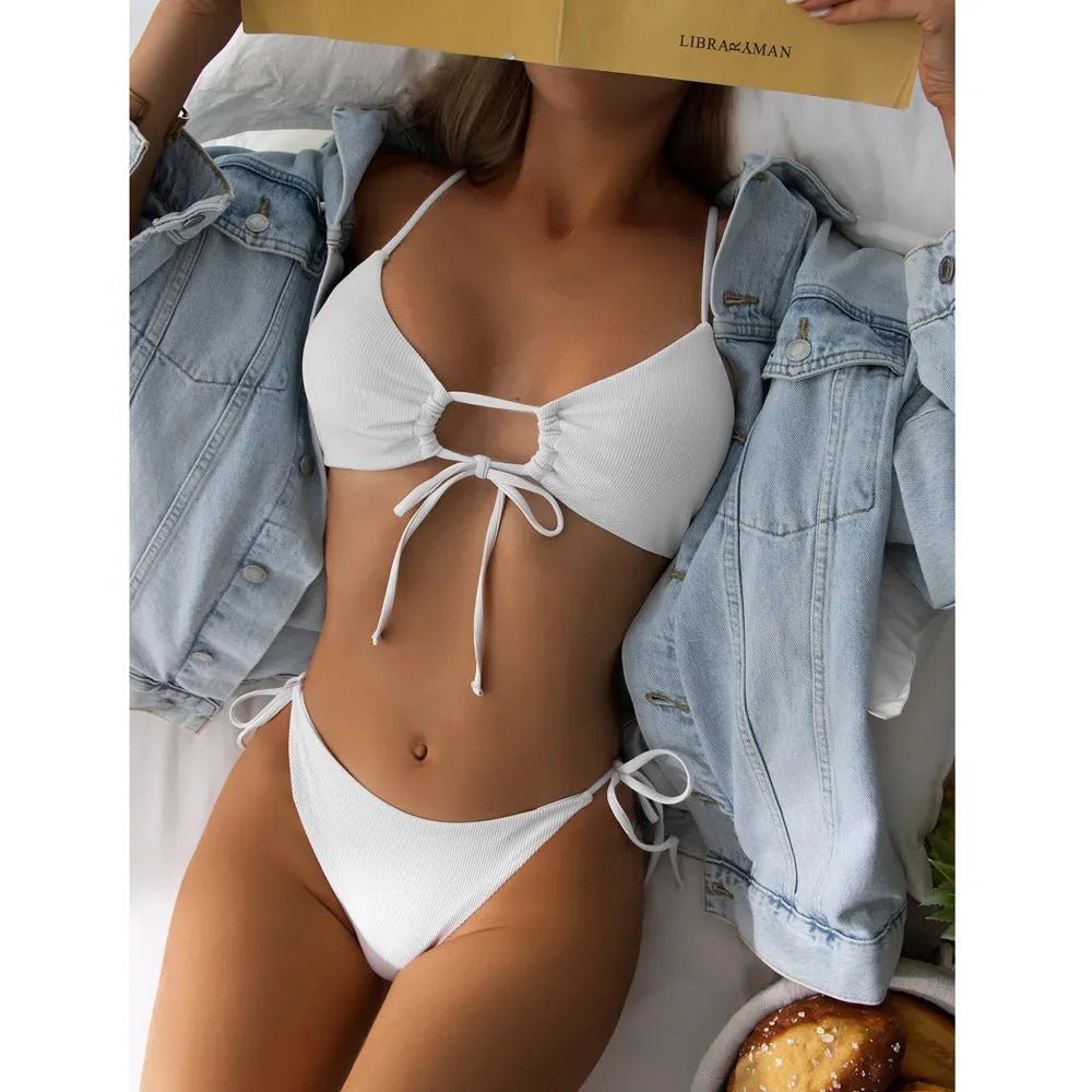 Women's solid colour drawstring triangle bikini top and high-leg briefs swimsuit set.