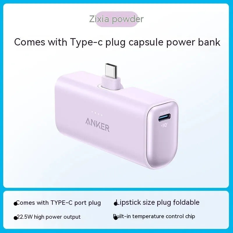 Compact capsule power bank with foldable USB-C head in black white green blue pink colours
