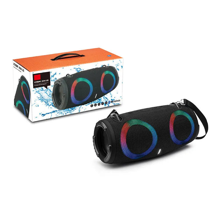 War Drum portable Bluetooth speaker with coloured RGB lights in black, blue, red, silver grey, or camouflage.