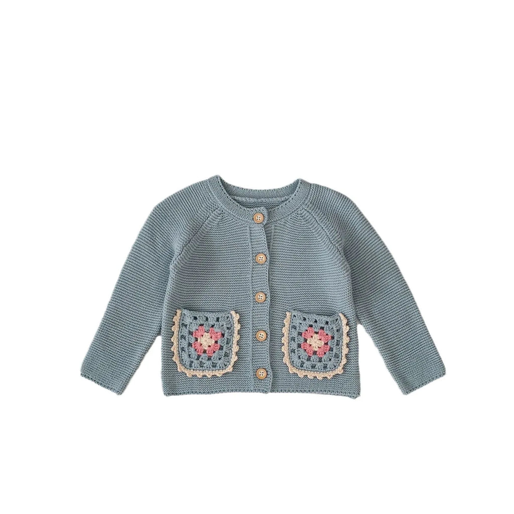 Children's hand crochet cotton cardigan in smokey blue with round collar and hollow flower pocket