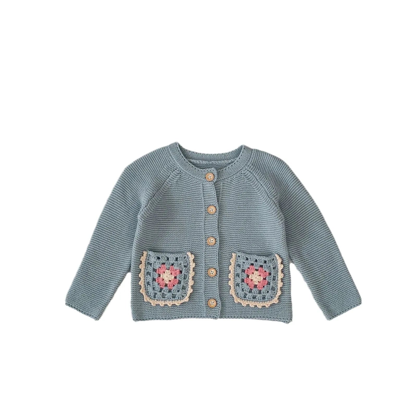 Children's hand crochet cotton cardigan in smokey blue with round collar and hollow flower pocket