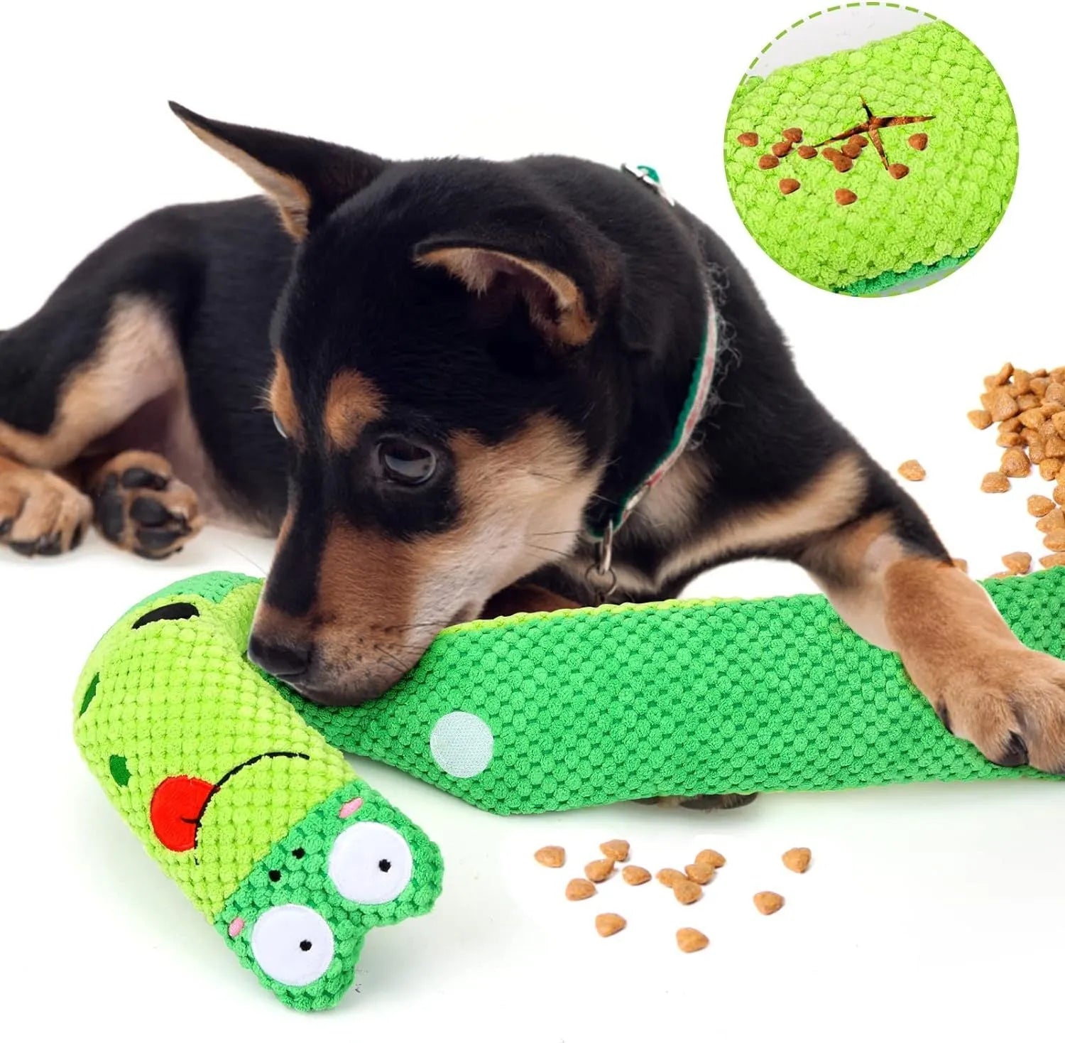 Shape-changing dog puzzle toy shown as a snail and a stick, with hidden food holes and a squeaker.