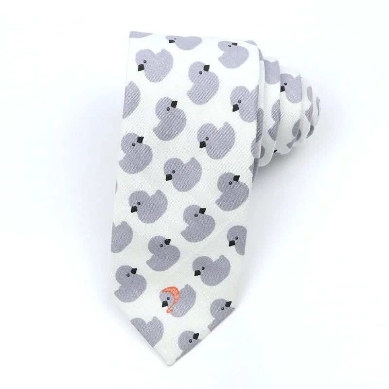 A narrow, cartoon-printed cotton bow tie in a Korean-inspired casual style.