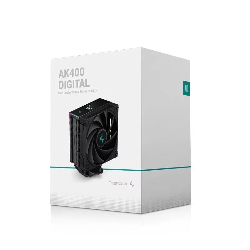 Black twin tower CPU air cooler with digital temperature display and dual fans