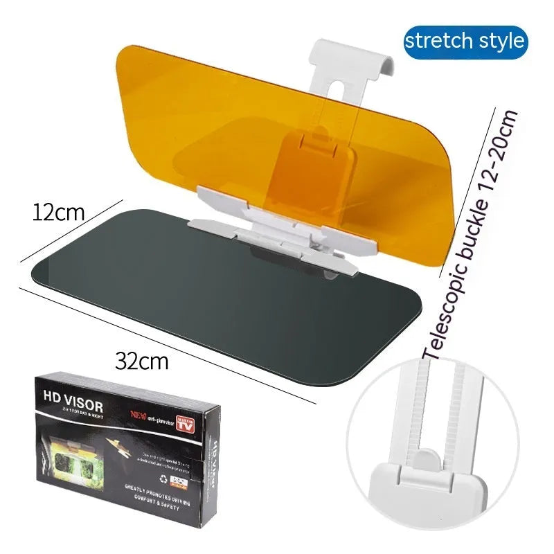 Anti-high beam goggles dual-use car sun visor with acrylic lens on colour box packaging.