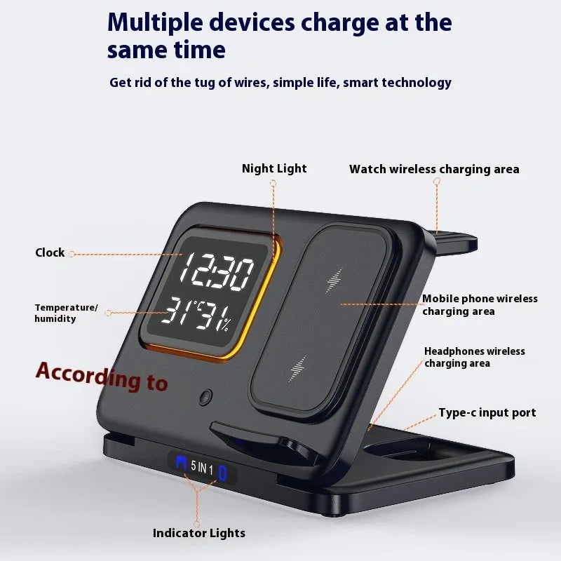 Black and white foldable wireless charging station with digital clock displaying time and temperature