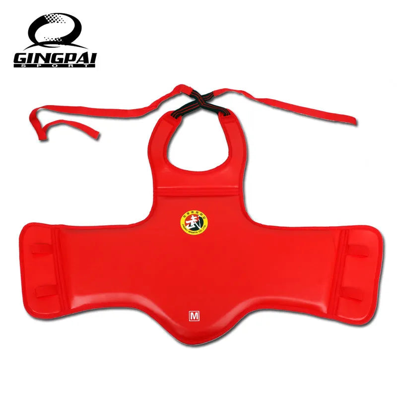 Red boxing helmet and matching one-piece chest protector for training.
