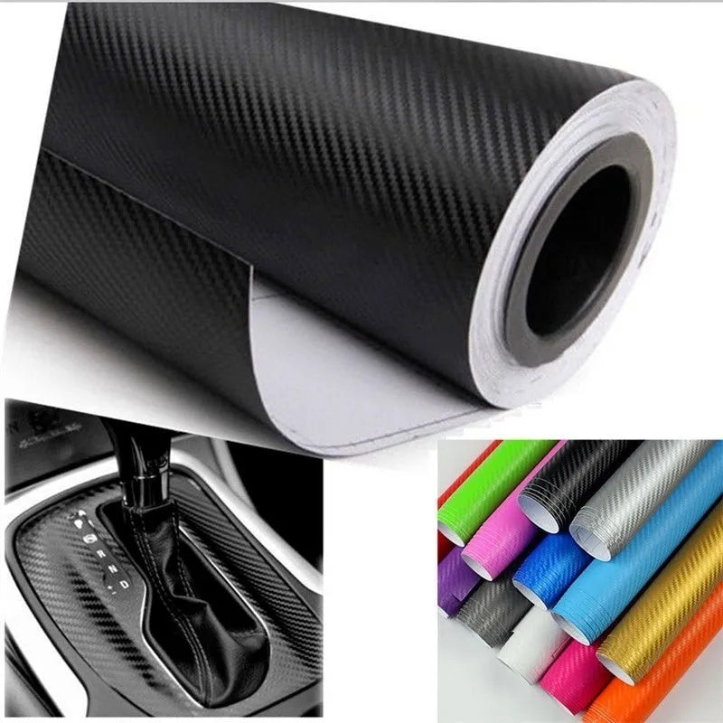 Carbon fibre pattern sticker roll showing eight colour options with 30x127 cm dimensions for car decoration