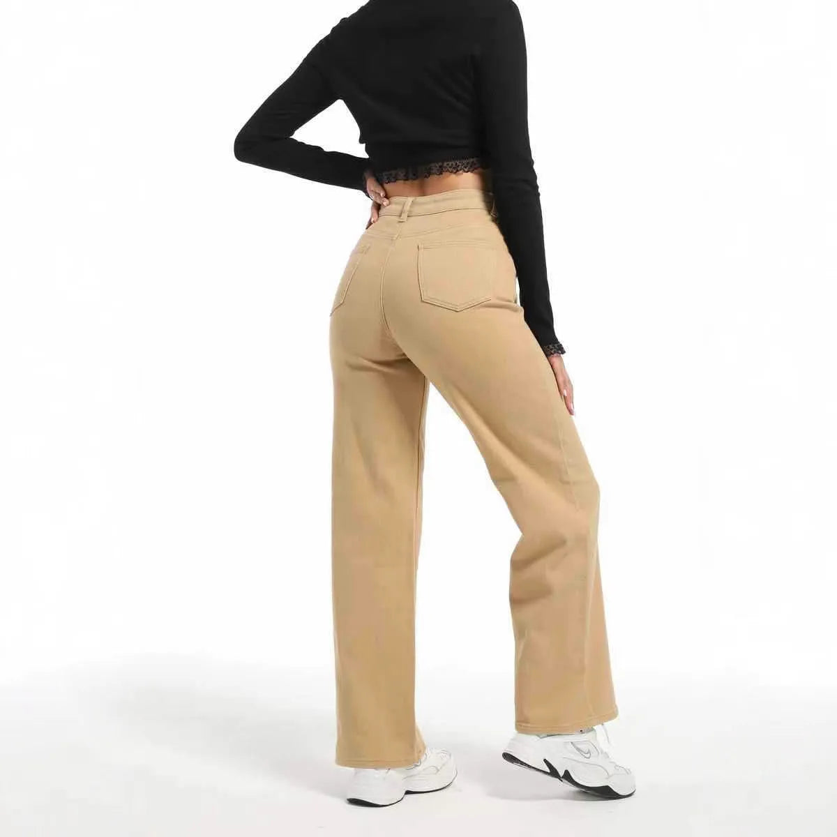 Women's high waist wide leg trousers in apricot and khaki cotton fabric with elastic waistband