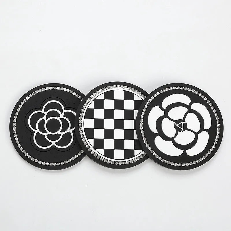 PVC car cup holder mat in black and white checkerboard pattern for vehicle drink holder slots