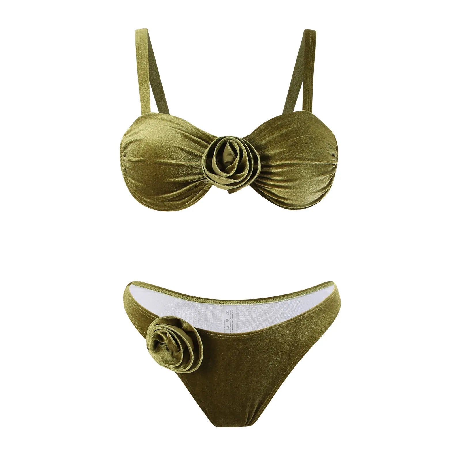 Women's A371 green 3D flower swimsuit briefs with floral pattern and polyester lining