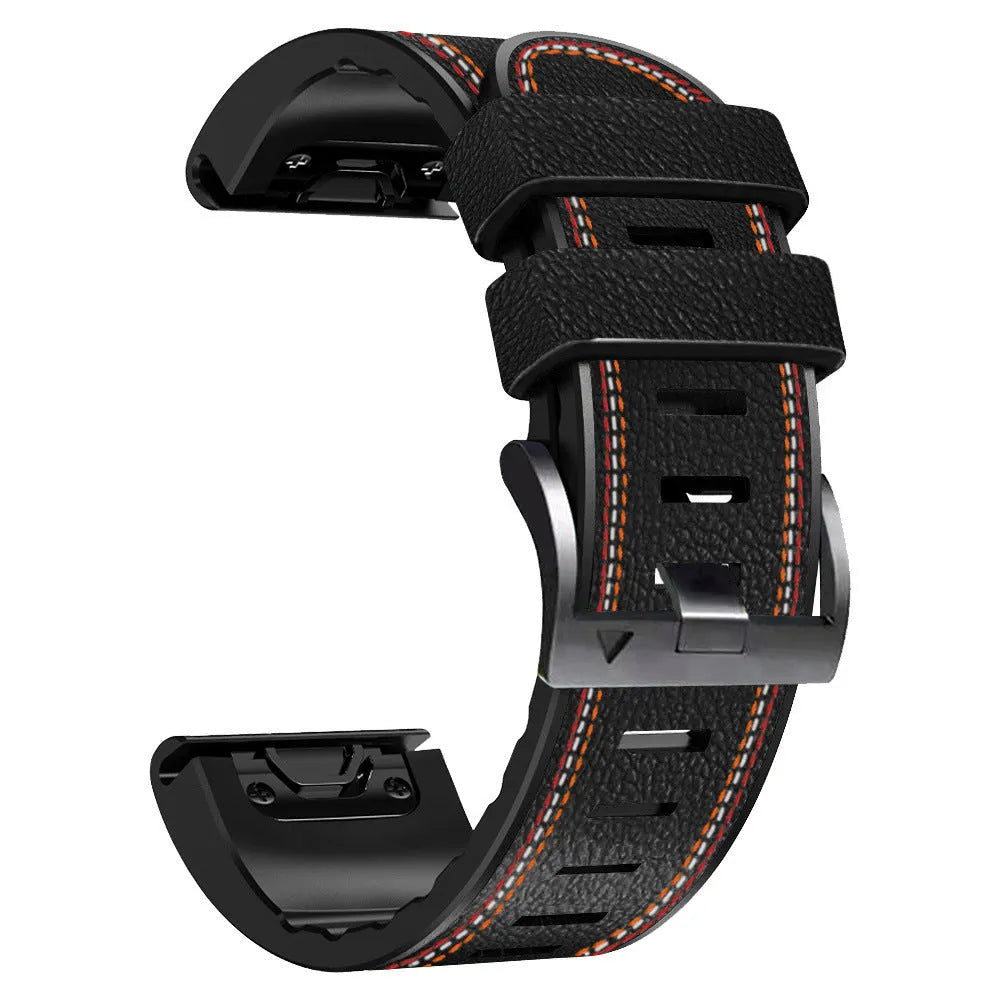 Quick release silicone leather watchband for Garmin Fenix smartwatch in black.