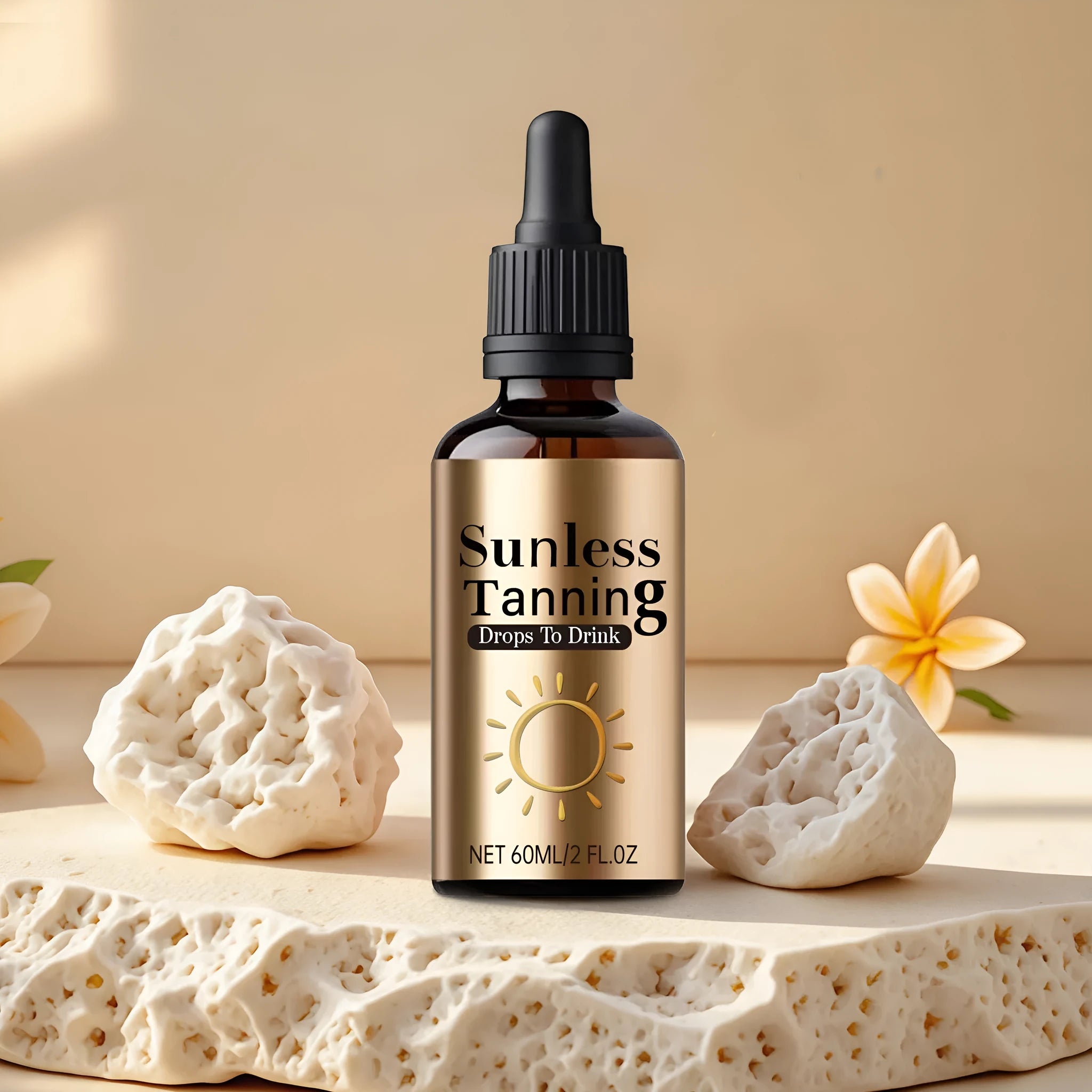 Black bottle of 60ml unisex oral aid drops for outdoor skincare