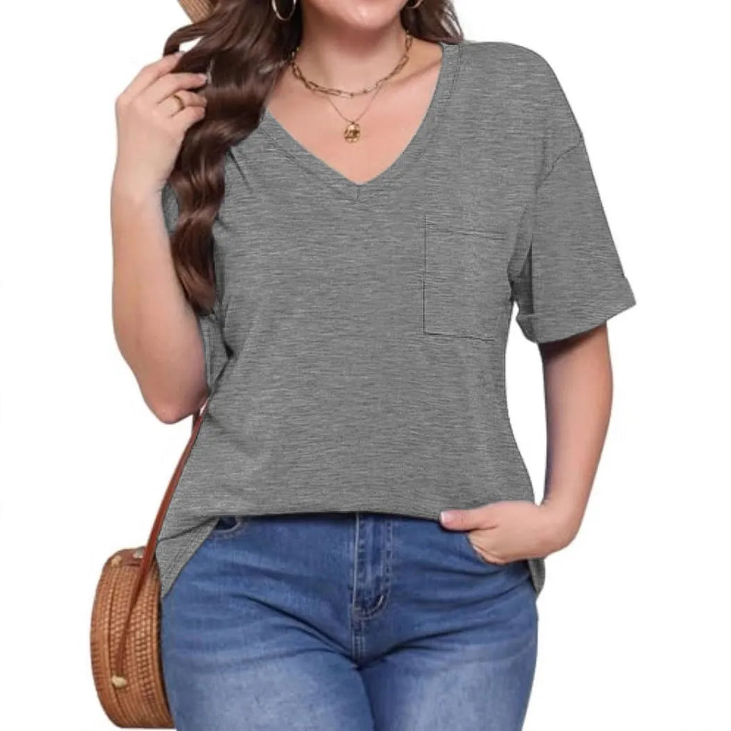 Grey loose V-neck T-shirt with front pocket and short sleeves